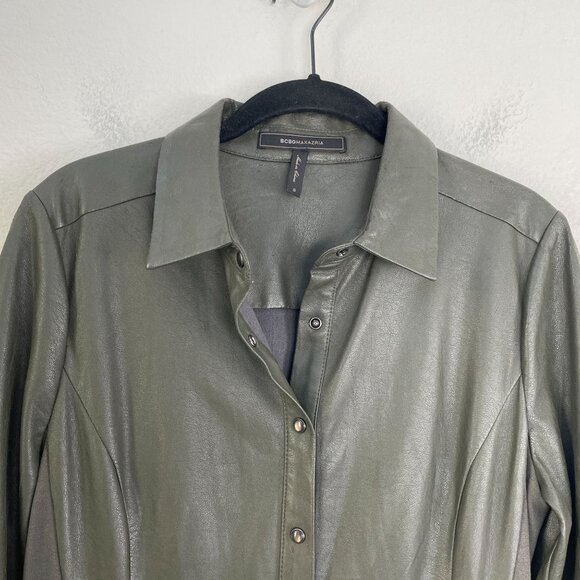 BCBGMAXAZRIA Womens Small Beatryce Faux Leather Shirt Dress Asymmetric Hem - Picture 10 of 14